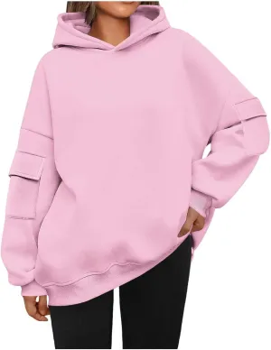 Womens Oversized Hoodies Pullover Fleece Long Sleeve Hooded Sweatshirts with Pockets Solid Color Casual Cute Sweaters