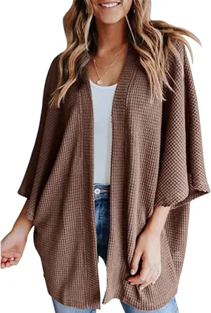 Womens Oversized Waffle Knit Sweater 3/4 Batwing Sleeve Cardigan Casual Open Front Tops Solid Colors