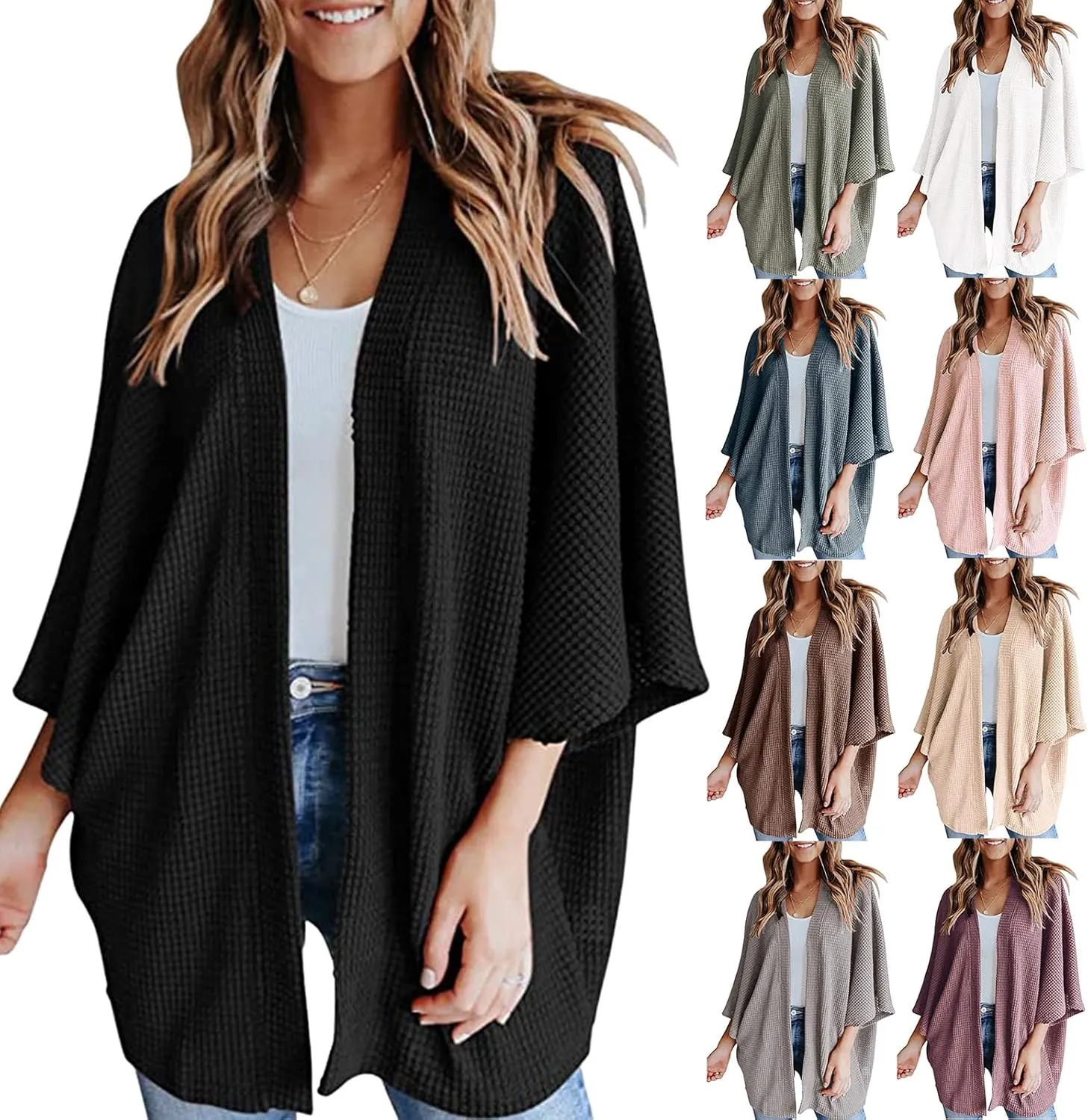 Womens Oversized Waffle Knit Sweater 3/4 Batwing Sleeve Cardigan Casual Open Front Tops Solid Colors