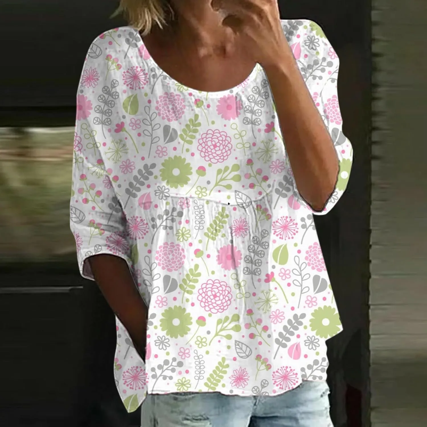 Womens Peasant Boho Tunic Tops 2025 3/4 Sleeve Floral Print Casual Loose Fit Pleated Summer Flowy Babydoll Blouses