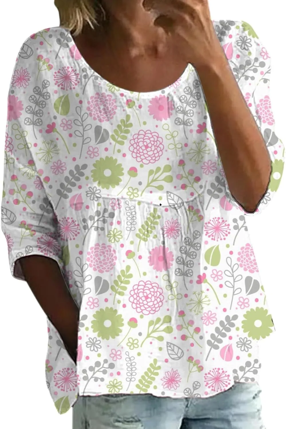 Womens Peasant Boho Tunic Tops 2025 3/4 Sleeve Floral Print Casual Loose Fit Pleated Summer Flowy Babydoll Blouses