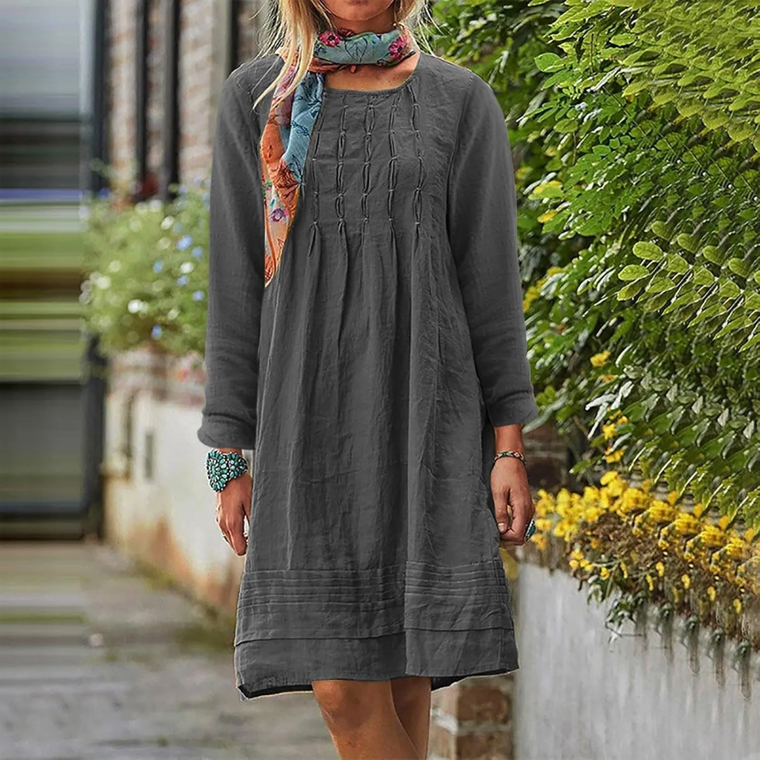 Women's Plain Cotton Linen Dresses Long Sleeve Knee-Length Peasant Dress Boho Plus Size Loose Fit Pleated Midi Dress