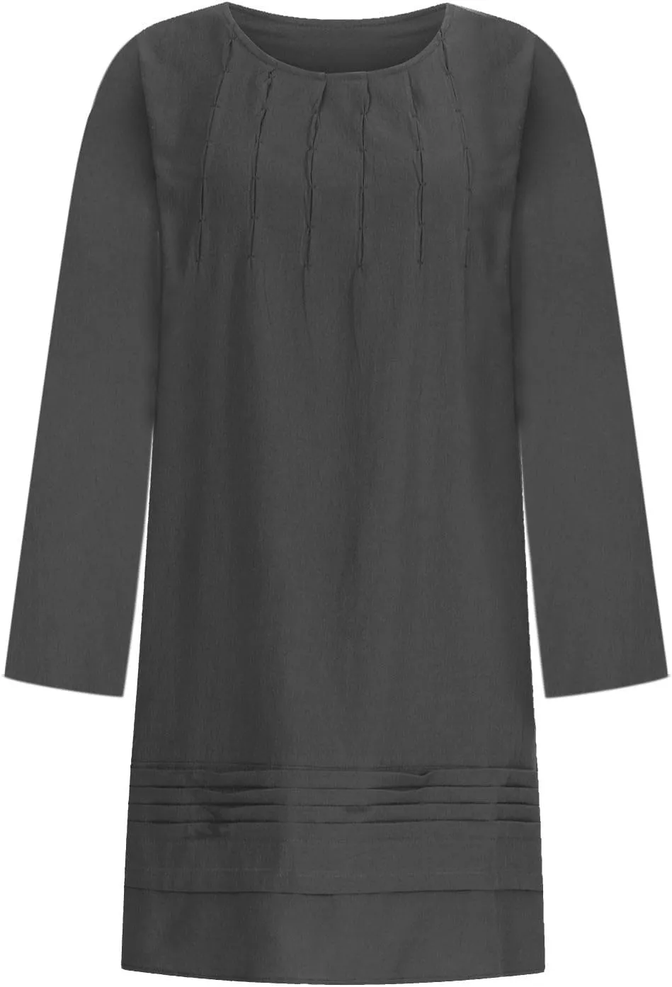 Women's Plain Cotton Linen Dresses Long Sleeve Knee-Length Peasant Dress Boho Plus Size Loose Fit Pleated Midi Dress