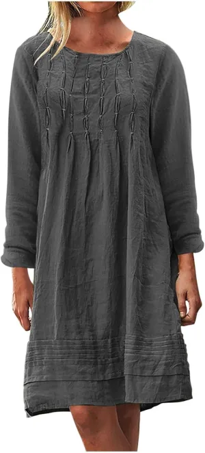 Women's Plain Cotton Linen Dresses Long Sleeve Knee-Length Peasant Dress Boho Plus Size Loose Fit Pleated Midi Dress