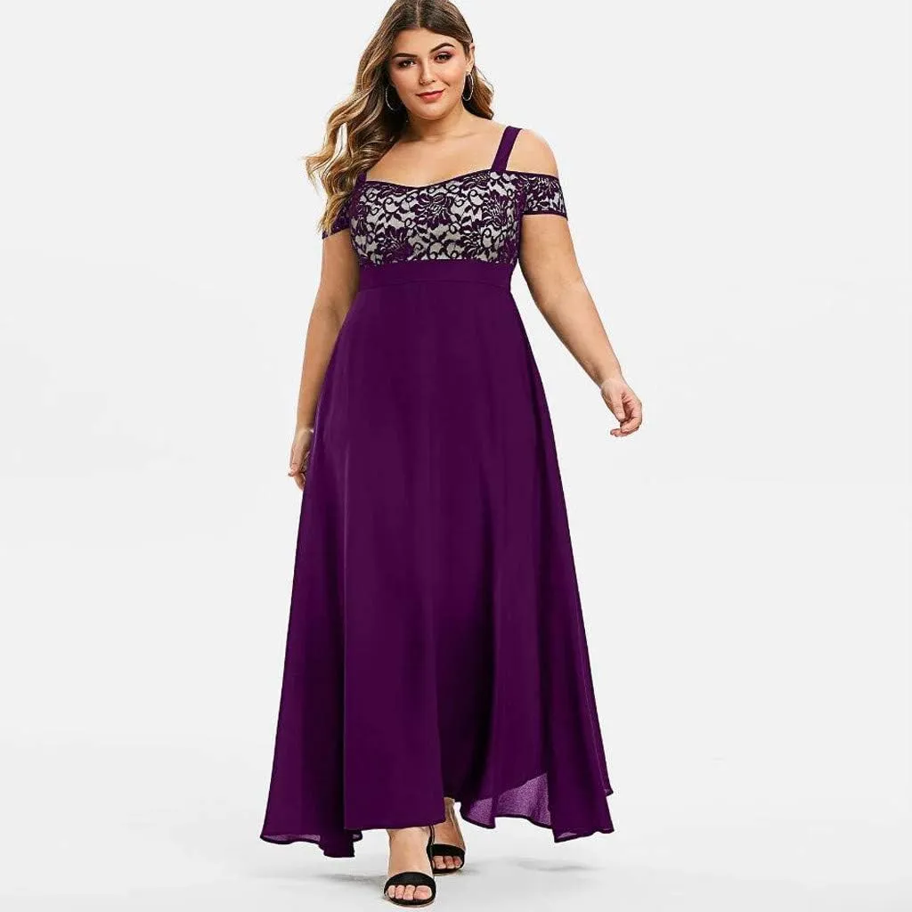Women's Plus Size Off Shoulder Evening Dress Lace Bodice Flowy Chiffon Formal Wedding Party Maxi Dresses