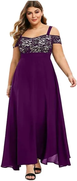 Women's Plus Size Off Shoulder Evening Dress Lace Bodice Flowy Chiffon Formal Wedding Party Maxi Dresses