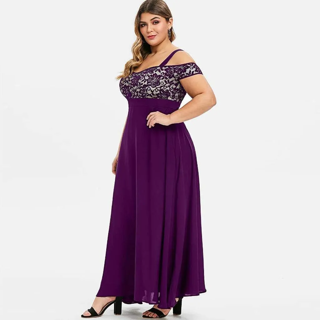 Women's Plus Size Off Shoulder Evening Dress Lace Bodice Flowy Chiffon Formal Wedding Party Maxi Dresses