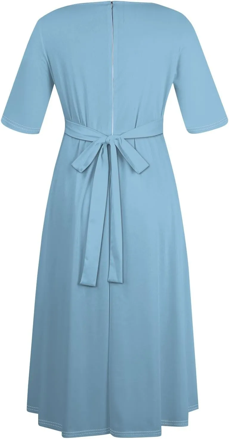 Women's Plus Size Outfits Solid Color Crew Neck 3/4 Sleeve Smocked Straps Big Hem Swing Maxi Dresses Casual, XL-5XL