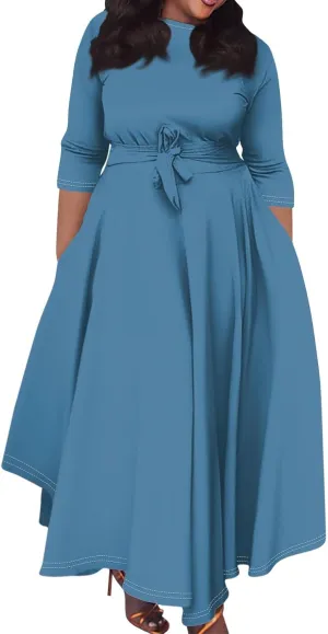 Women's Plus Size Outfits Solid Color Crew Neck 3/4 Sleeve Smocked Straps Big Hem Swing Maxi Dresses Casual, XL-5XL