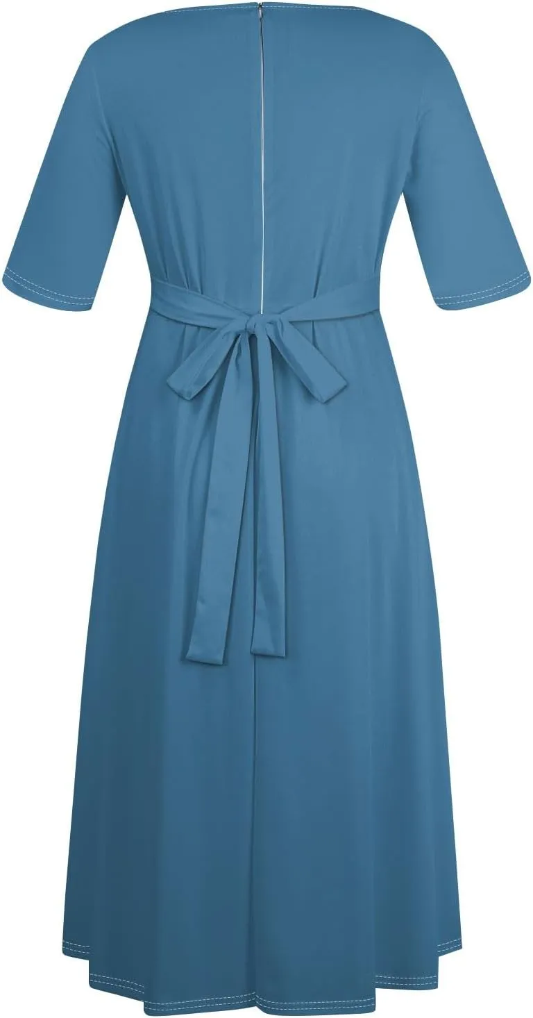 Women's Plus Size Outfits Solid Color Crew Neck 3/4 Sleeve Smocked Straps Big Hem Swing Maxi Dresses Casual, XL-5XL