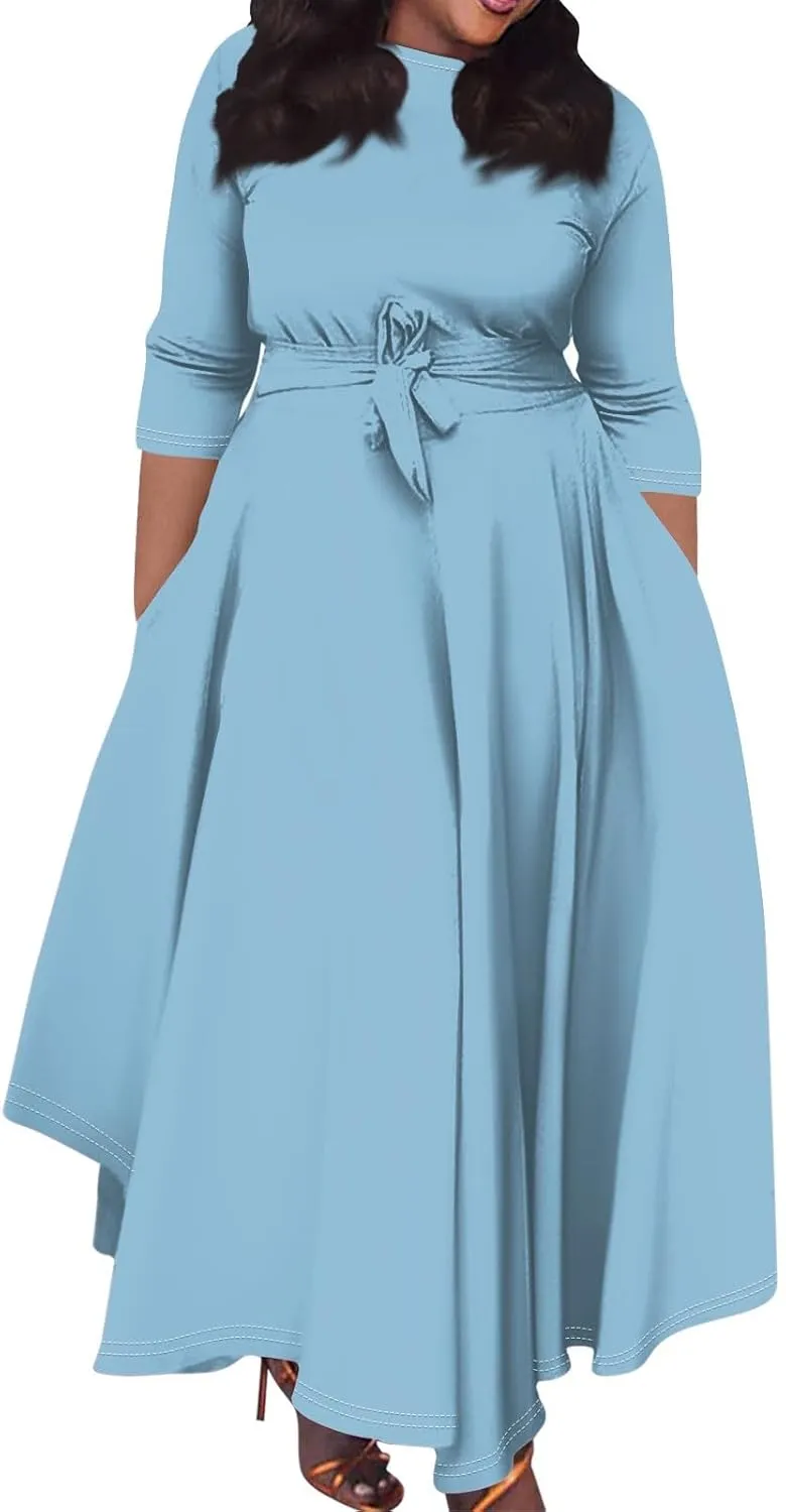 Women's Plus Size Outfits Solid Color Crew Neck 3/4 Sleeve Smocked Straps Big Hem Swing Maxi Dresses Casual, XL-5XL