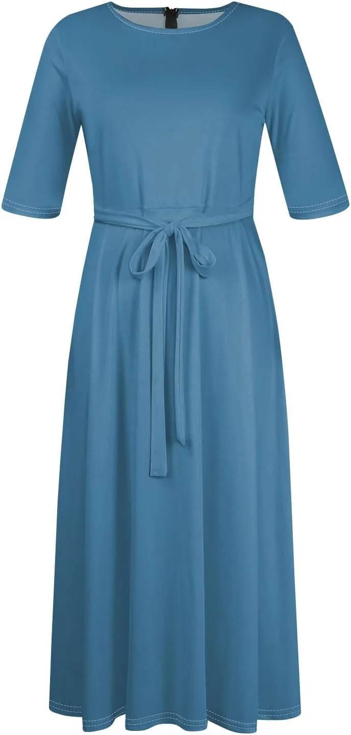 Women's Plus Size Outfits Solid Color Crew Neck 3/4 Sleeve Smocked Straps Big Hem Swing Maxi Dresses Casual, XL-5XL