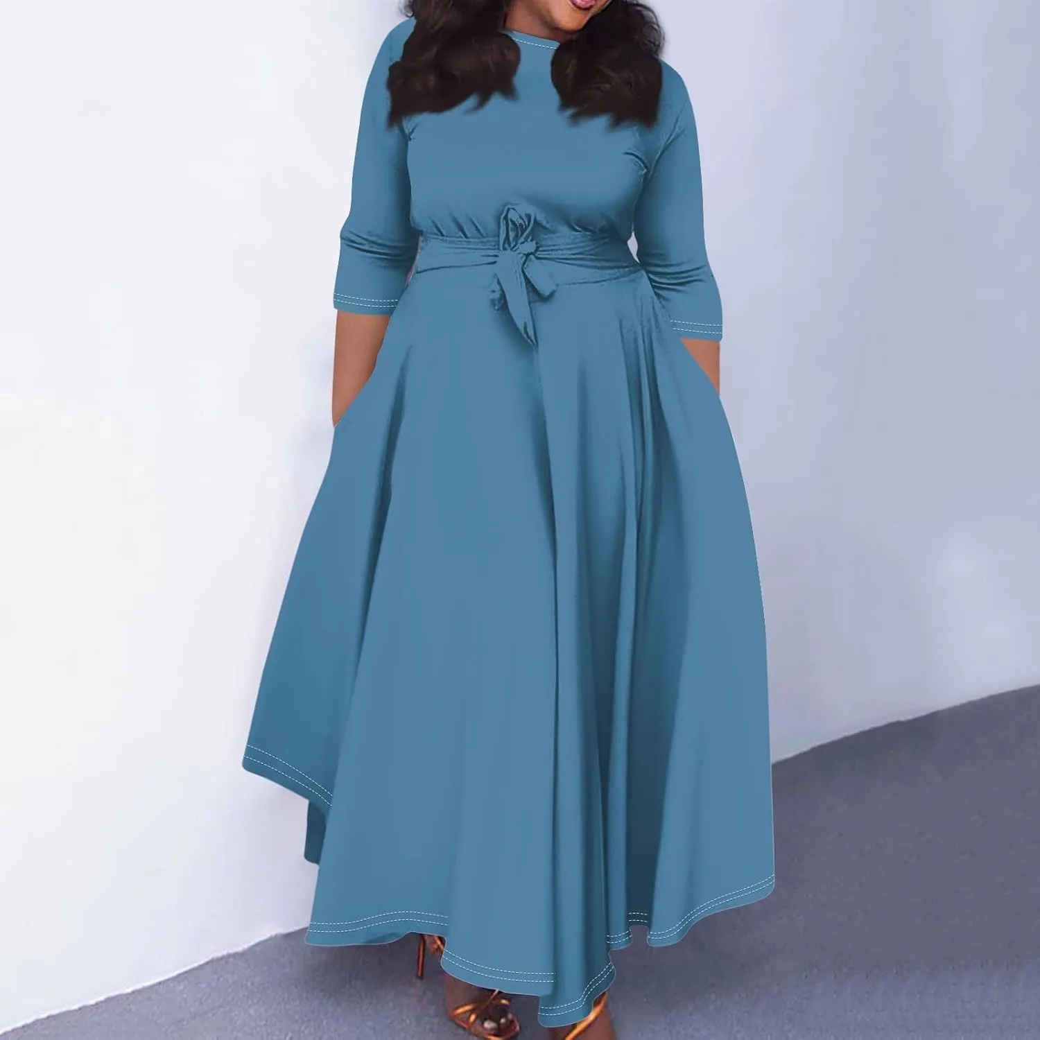 Women's Plus Size Outfits Solid Color Crew Neck 3/4 Sleeve Smocked Straps Big Hem Swing Maxi Dresses Casual, XL-5XL