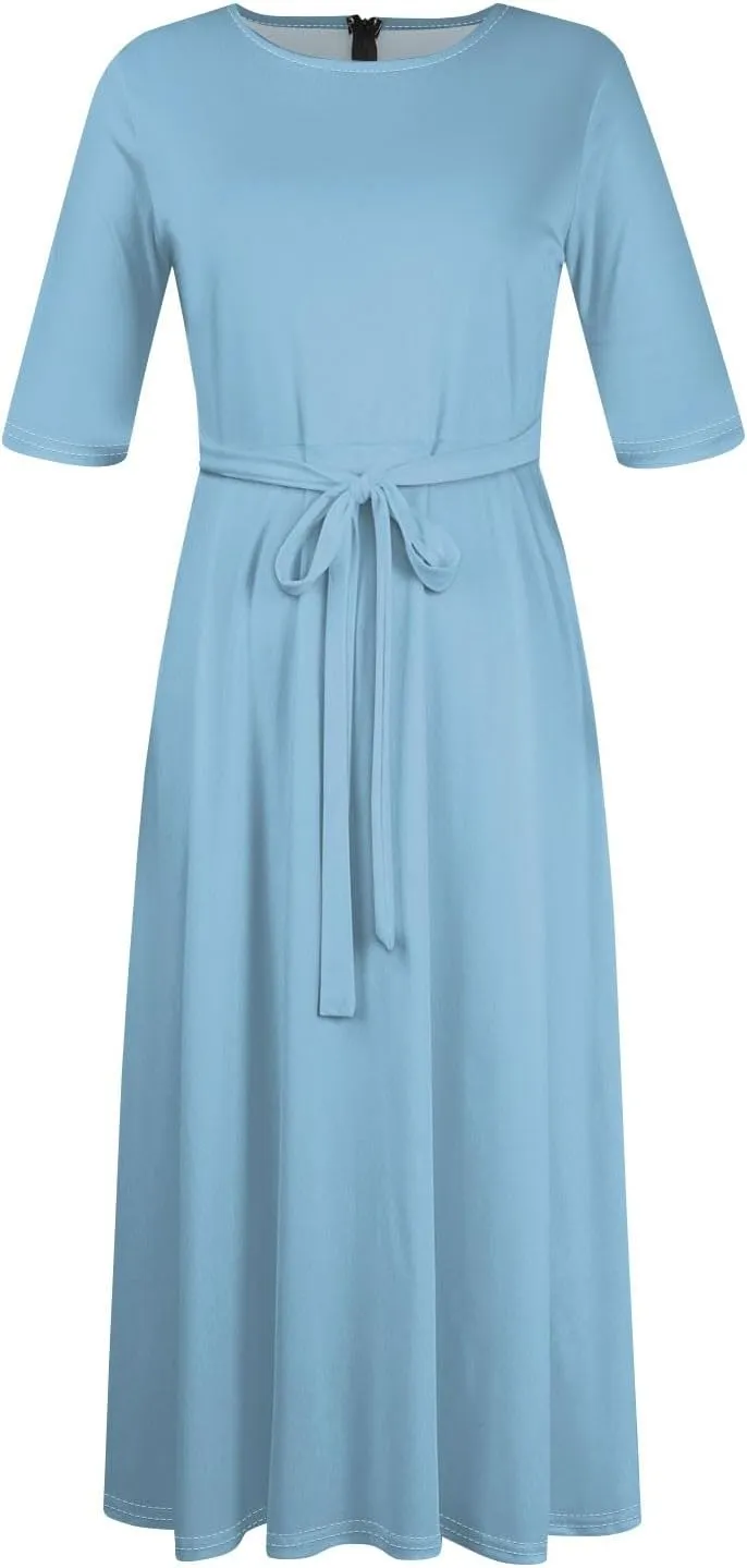 Women's Plus Size Outfits Solid Color Crew Neck 3/4 Sleeve Smocked Straps Big Hem Swing Maxi Dresses Casual, XL-5XL
