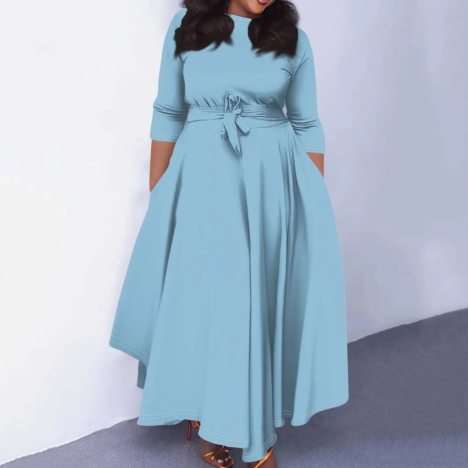 Women's Plus Size Outfits Solid Color Crew Neck 3/4 Sleeve Smocked Straps Big Hem Swing Maxi Dresses Casual, XL-5XL