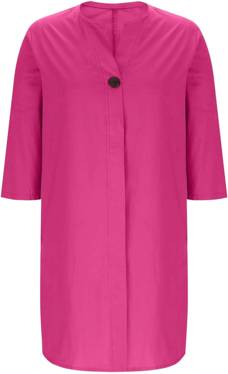 Womens Plus Size Summer Dress Cotton Linen Trendy 3/4 Sleeve Dresses Casual Loose Side Split V Neck Midi Shirt Dress