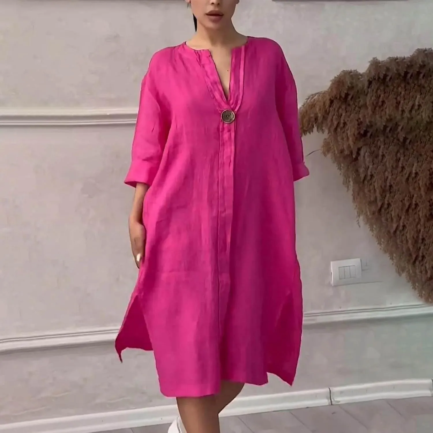 Womens Plus Size Summer Dress Cotton Linen Trendy 3/4 Sleeve Dresses Casual Loose Side Split V Neck Midi Shirt Dress