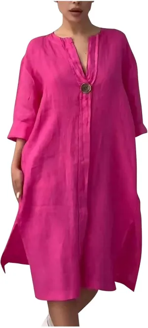 Womens Plus Size Summer Dress Cotton Linen Trendy 3/4 Sleeve Dresses Casual Loose Side Split V Neck Midi Shirt Dress