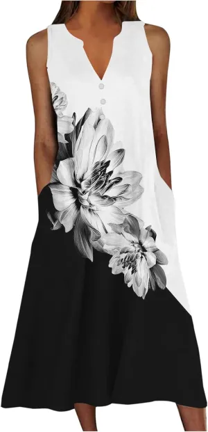 Women's Plus Size Summer Floral Print Casual Dress Vintage Sleeveless Neck V-Neck Long Tank Dress with Pockets