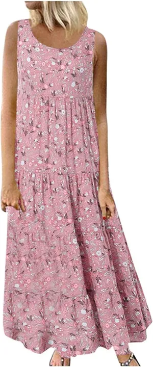 Womens Plus Size Summer Tank Dress Casual Printed Loose Knee-Length Dress Flowy Swing Long Beach Dress