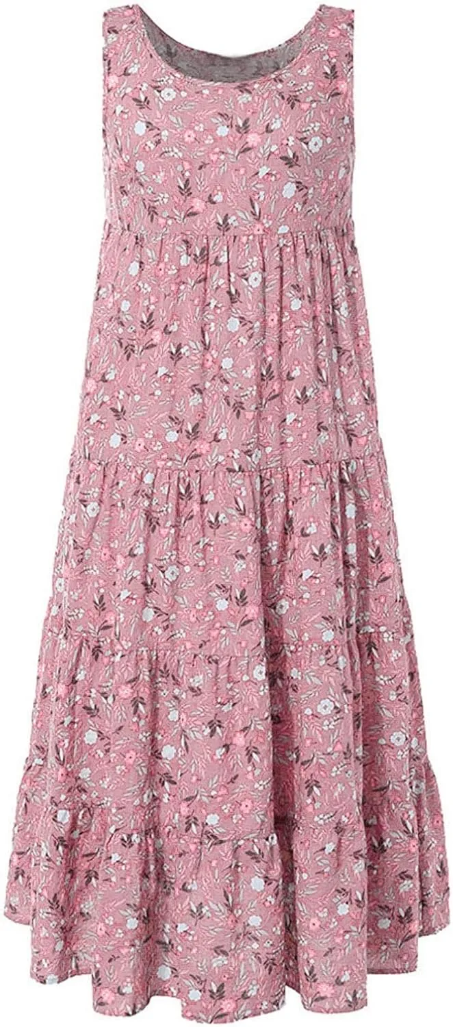 Womens Plus Size Summer Tank Dress Casual Printed Loose Knee-Length Dress Flowy Swing Long Beach Dress
