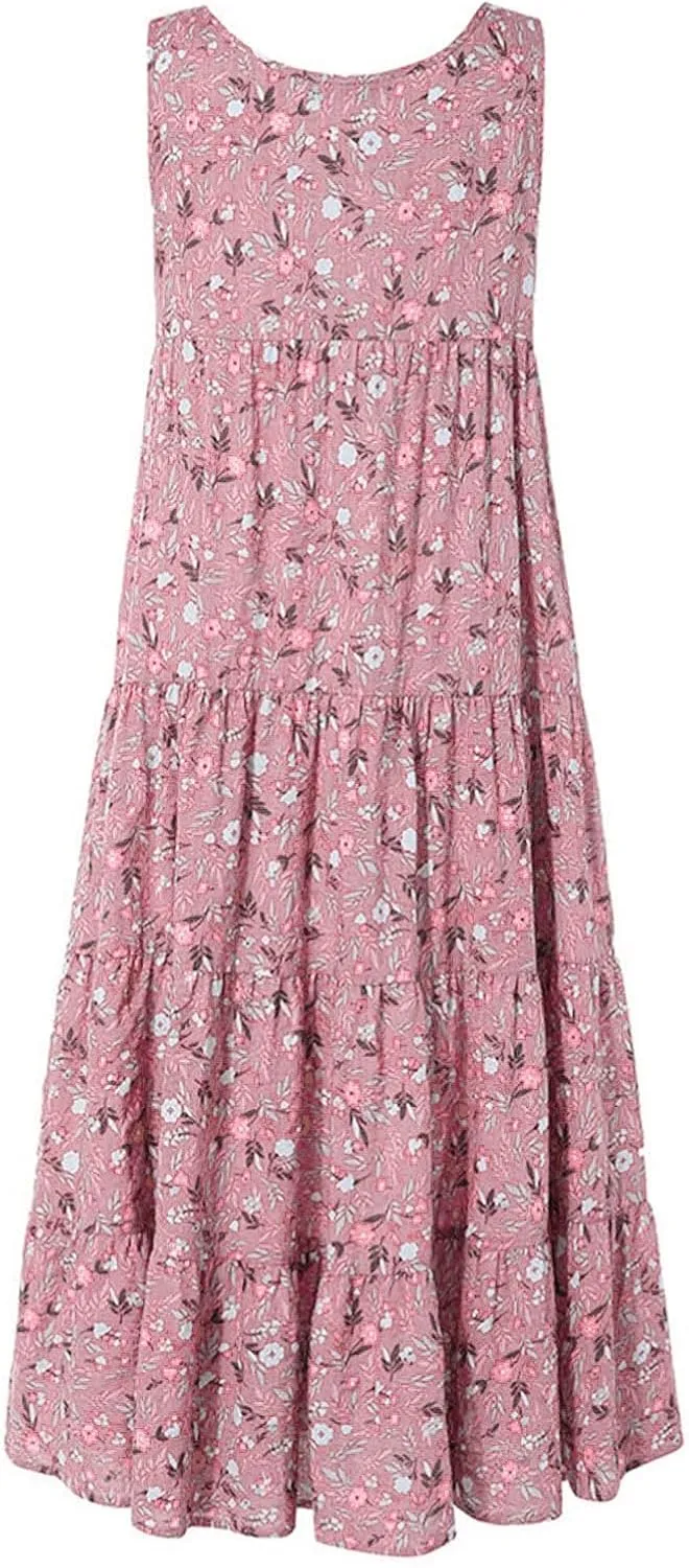 Womens Plus Size Summer Tank Dress Casual Printed Loose Knee-Length Dress Flowy Swing Long Beach Dress