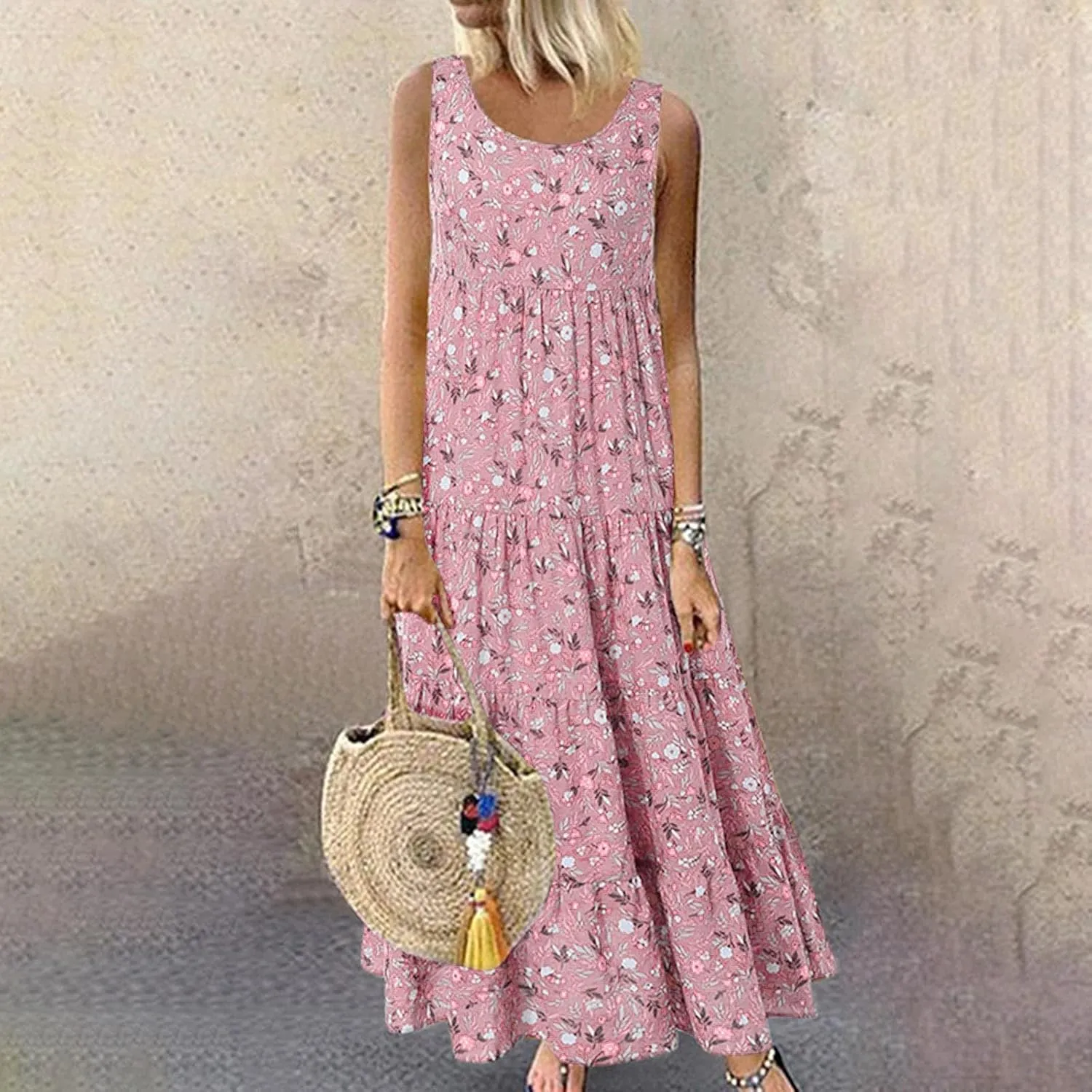 Womens Plus Size Summer Tank Dress Casual Printed Loose Knee-Length Dress Flowy Swing Long Beach Dress
