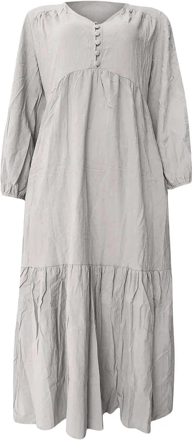 Women's Retro Cotton Linen Midi Dress Casual Long Sleeved Dress with Pleated Long Swing Skirt Fashion V-neck Dress