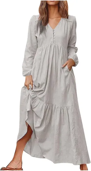 Women's Retro Cotton Linen Midi Dress Casual Long Sleeved Dress with Pleated Long Swing Skirt Fashion V-neck Dress