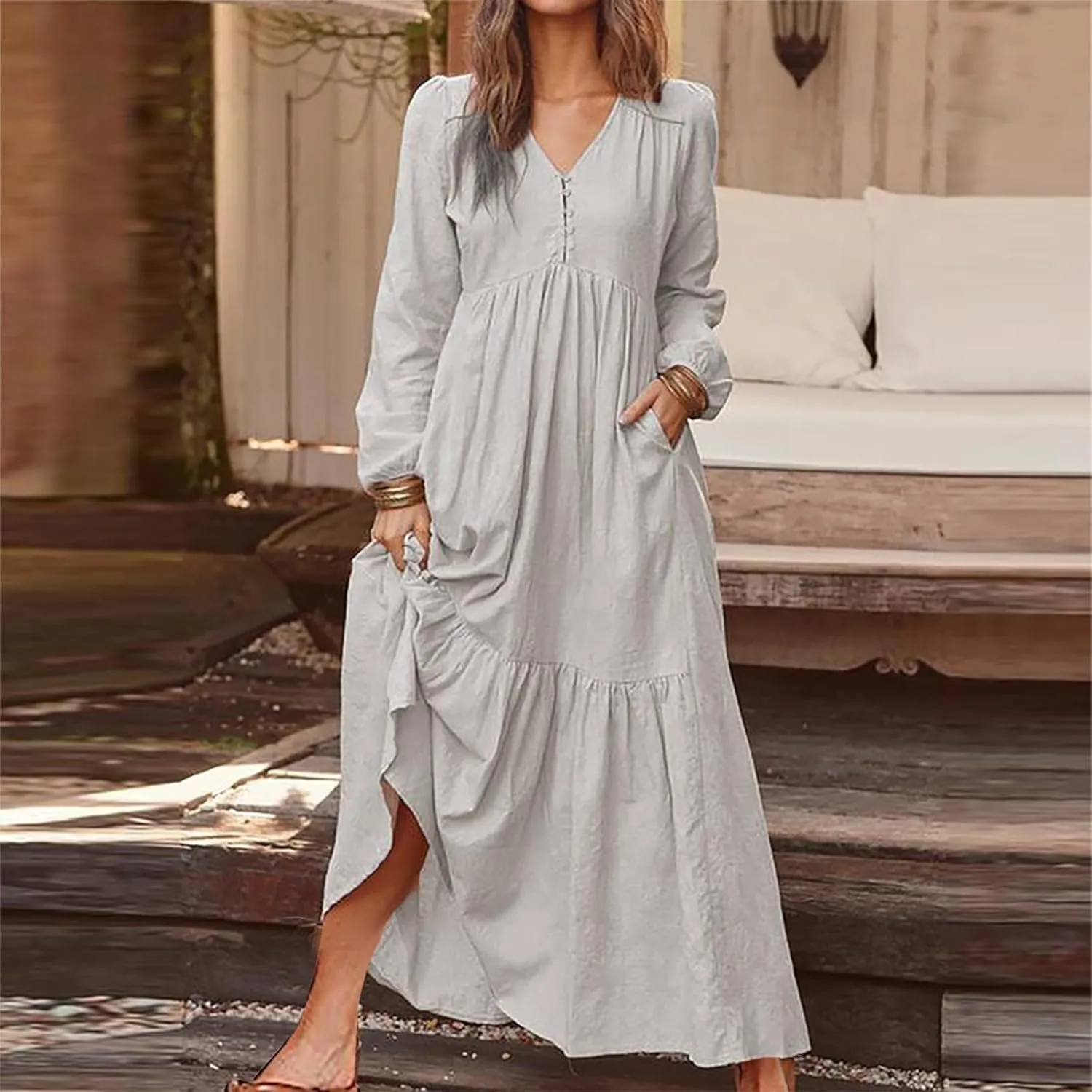 Women's Retro Cotton Linen Midi Dress Casual Long Sleeved Dress with Pleated Long Swing Skirt Fashion V-neck Dress