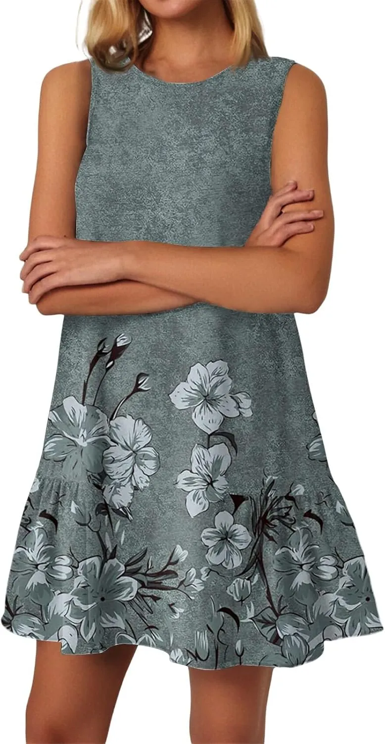 Women's Ruffle Hem Tank Dress Sleeveless Dress for Women Round Neck Casual Smock Summer Mini Dresses