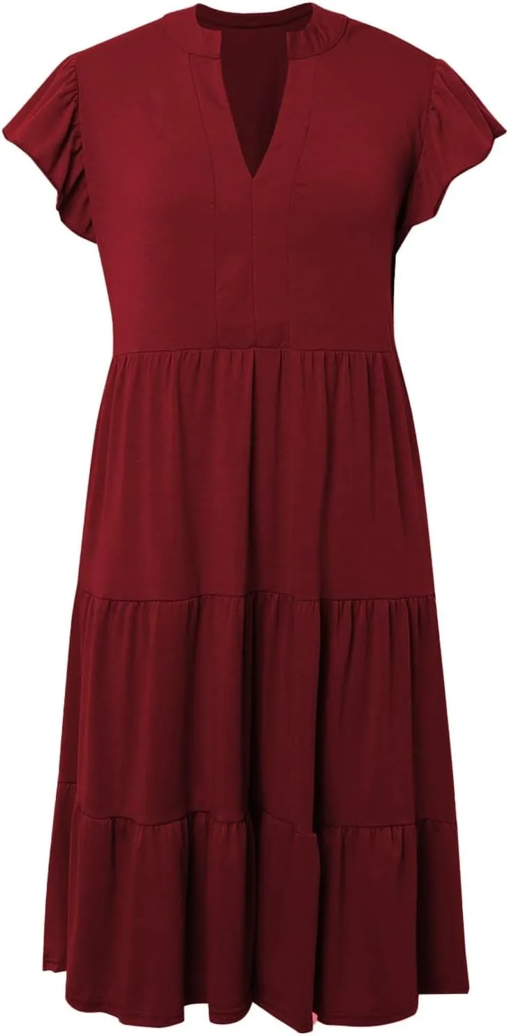 Women's Ruffle Sleeve Dress Casual Summer V Neck Dress a Line Tiered Dress Boho Beach Vacation Sun Dresses