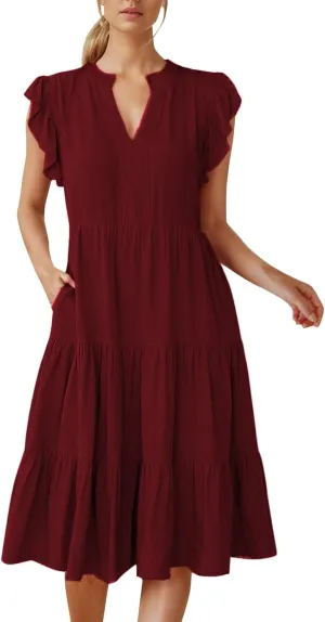 Women's Ruffle Sleeve Dress Casual Summer V Neck Dress a Line Tiered Dress Boho Beach Vacation Sun Dresses