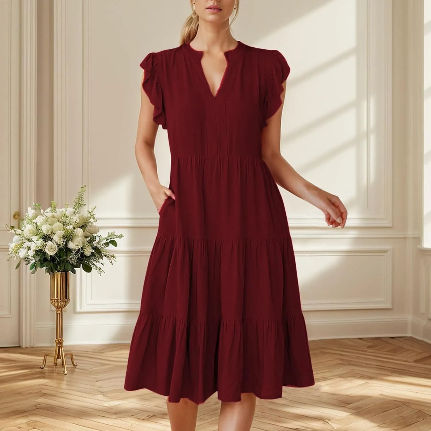 Women's Ruffle Sleeve Dress Casual Summer V Neck Dress a Line Tiered Dress Boho Beach Vacation Sun Dresses