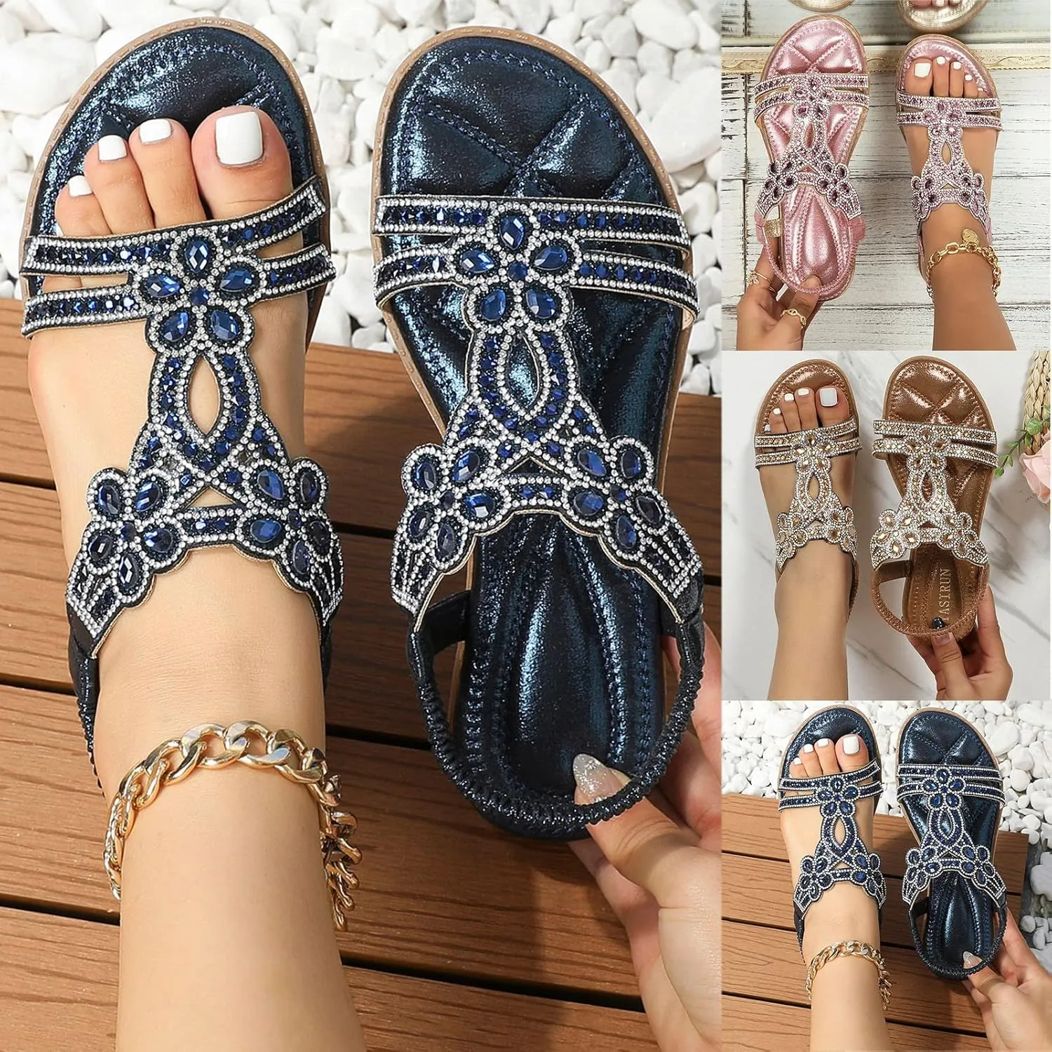 Women's Sandals Bohemia Rhinestone Flat Sandals Summer Beach Casual Sandal Dressy Sparkly Wedding Bride Shoes