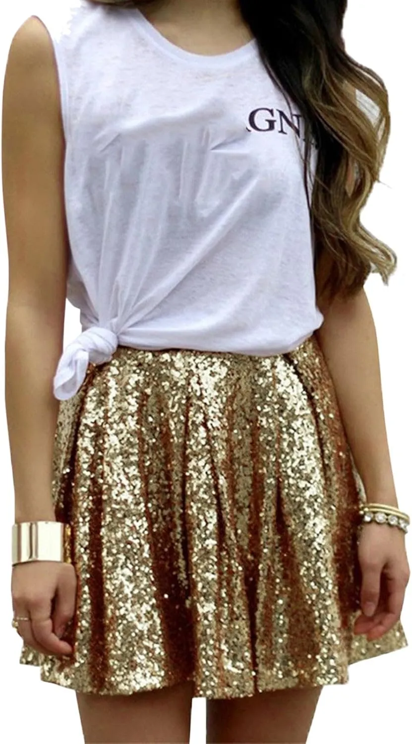 Womens Sequin Skirts Fashion High Waisted Pleated Skirts Holiday Party Sparkly Glitter Skirts 2025 Summer Trendy Skirts