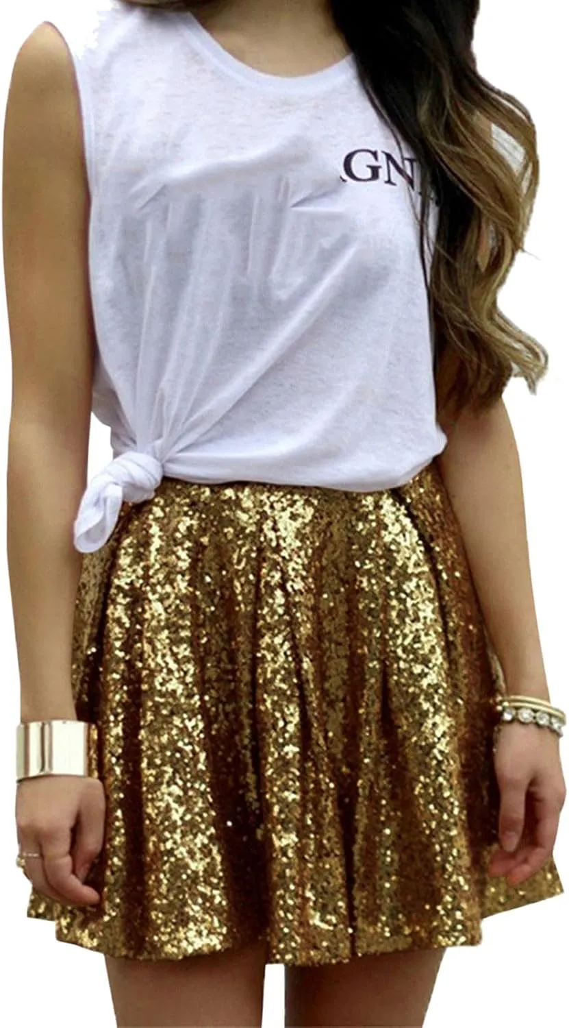 Womens Sequin Skirts Fashion High Waisted Pleated Skirts Holiday Party Sparkly Glitter Skirts 2025 Summer Trendy Skirts