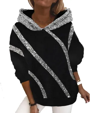Women's Sequin Striped Hoodies Fashion Oversized Glitter Hooded Sweatshirts Thicken Warm Long Sleeve Pullover Tops