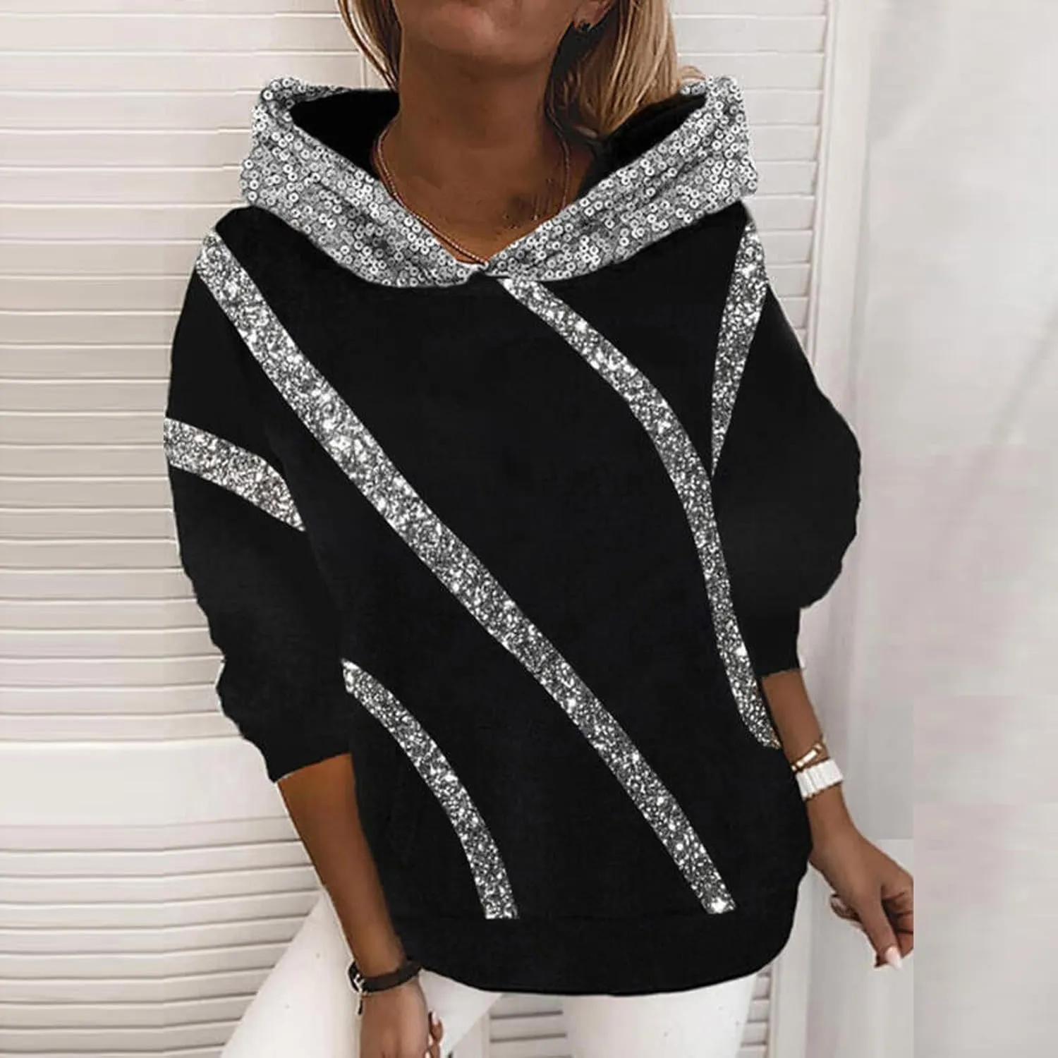Women's Sequin Striped Hoodies Fashion Oversized Glitter Hooded Sweatshirts Thicken Warm Long Sleeve Pullover Tops