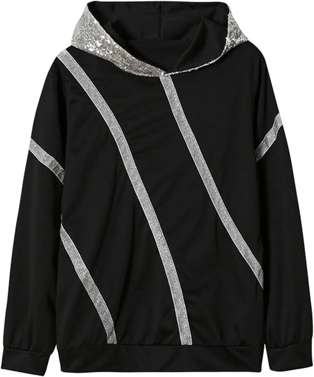 Women's Sequin Striped Hoodies Fashion Oversized Glitter Hooded Sweatshirts Thicken Warm Long Sleeve Pullover Tops