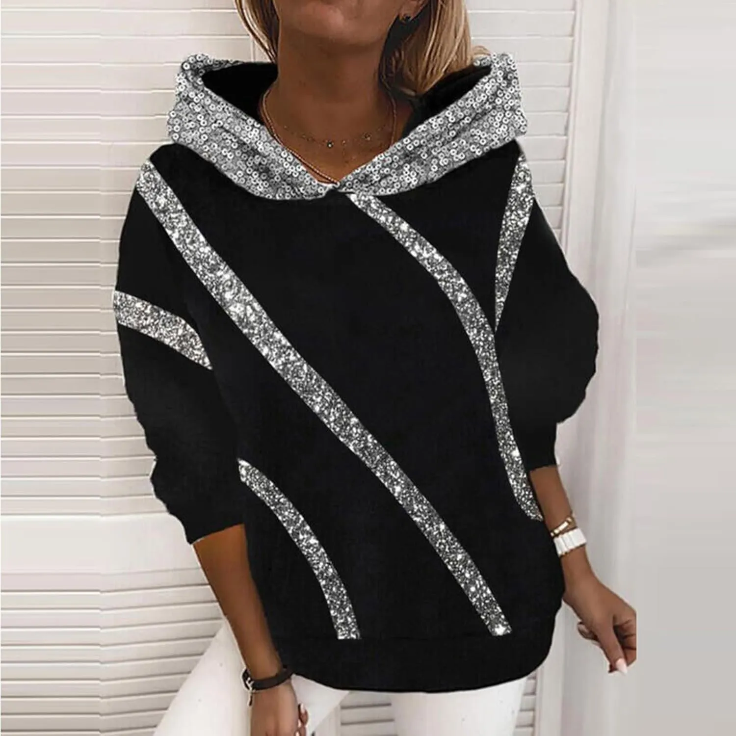 Women's Sequin Striped Hoodies Fashion Oversized Glitter Hooded Sweatshirts Thicken Warm Long Sleeve Pullover Tops