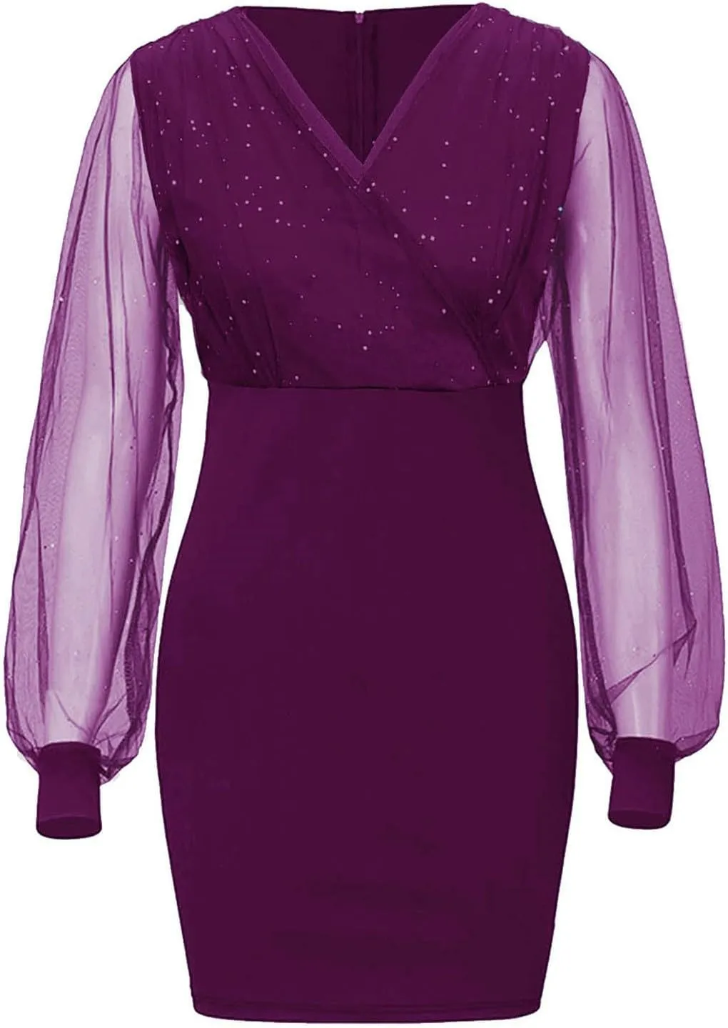 Women's Sexy Elegant Trendy Long Sleeve V-Neck Sequin Lace Mesh Midi Cocktail Party Dresses, S-2XL