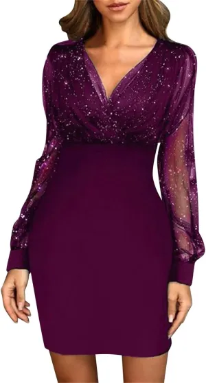 Women's Sexy Elegant Trendy Long Sleeve V-Neck Sequin Lace Mesh Midi Cocktail Party Dresses, S-2XL