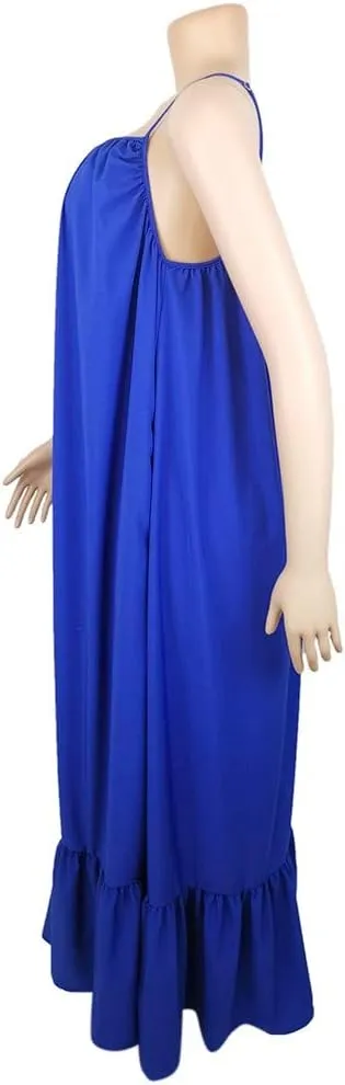 Womens Sexy Spaghetti Strap Sleeveless Ruched Ruffle Hem Bandage Oversized Summer Beach Loose Long Maxi Swing Dress