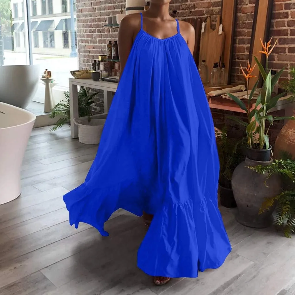 Womens Sexy Spaghetti Strap Sleeveless Ruched Ruffle Hem Bandage Oversized Summer Beach Loose Long Maxi Swing Dress