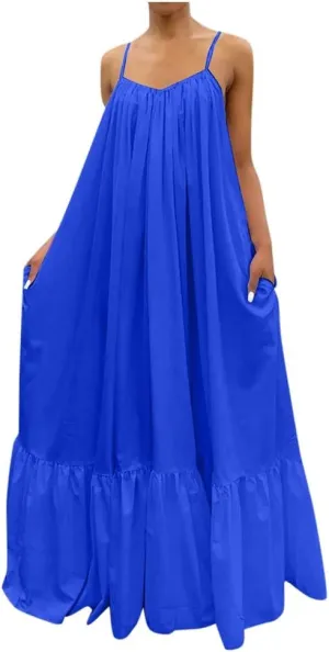 Womens Sexy Spaghetti Strap Sleeveless Ruched Ruffle Hem Bandage Oversized Summer Beach Loose Long Maxi Swing Dress