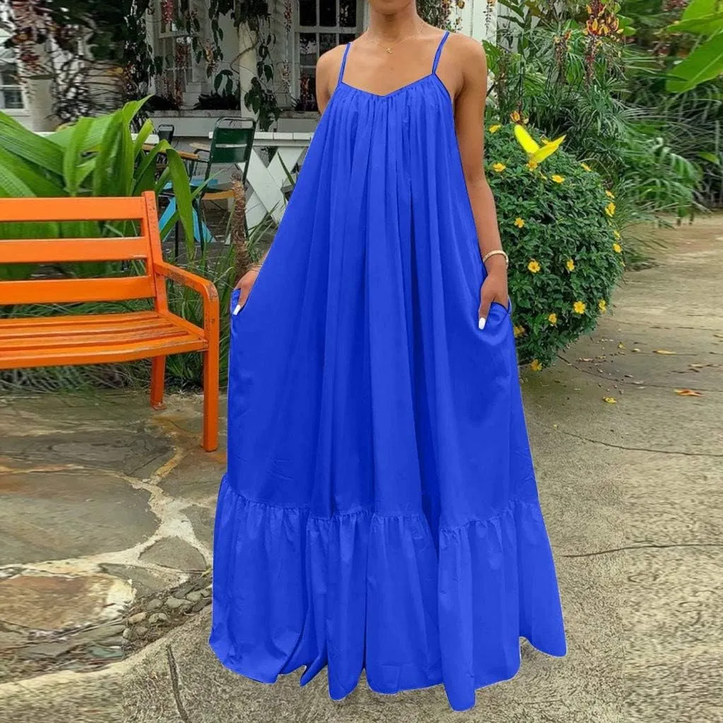 Womens Sexy Spaghetti Strap Sleeveless Ruched Ruffle Hem Bandage Oversized Summer Beach Loose Long Maxi Swing Dress
