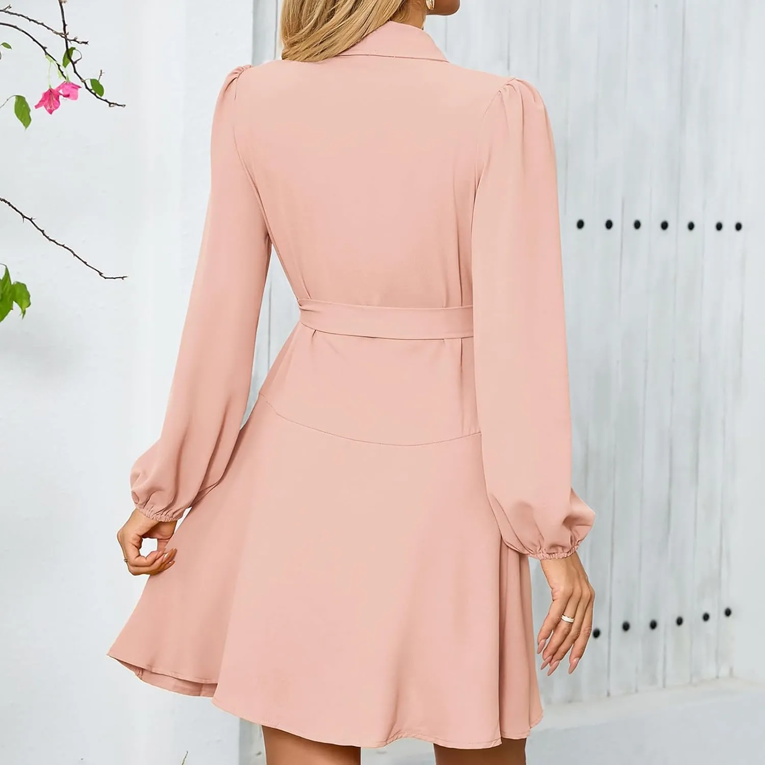 Women's Sexy V-Neck Dress Long Sleeve Waist Tie Ruffle Mini Dress Elegant Summer Casual Swing Dresses