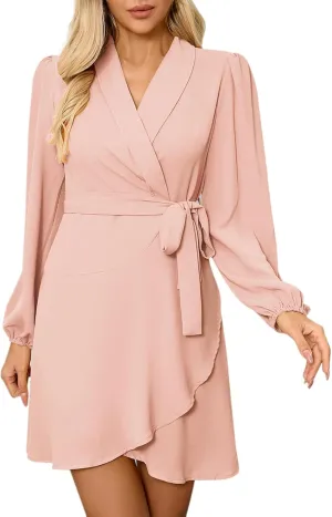 Women's Sexy V-Neck Dress Long Sleeve Waist Tie Ruffle Mini Dress Elegant Summer Casual Swing Dresses