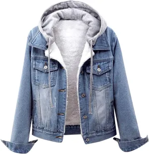 Womens Sherpa Fleece Lined Hoodie Denim Jacket 2022 Winter Jean Jacket Coats Oversized Long Sleeve Trucker Jacket Coat